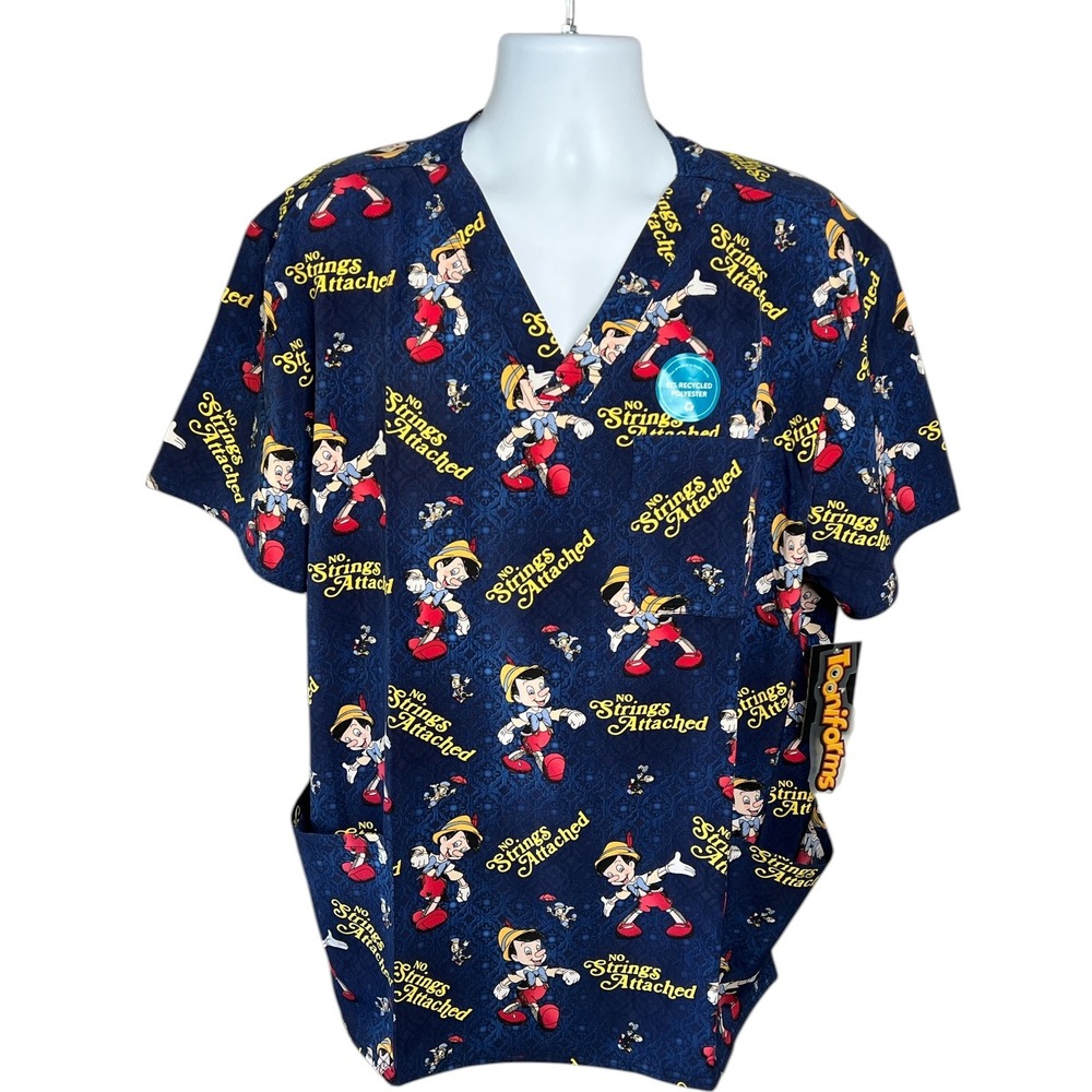 Disney Pinocchio Scrub Top No Strings Attached‎ Print Recycled XL